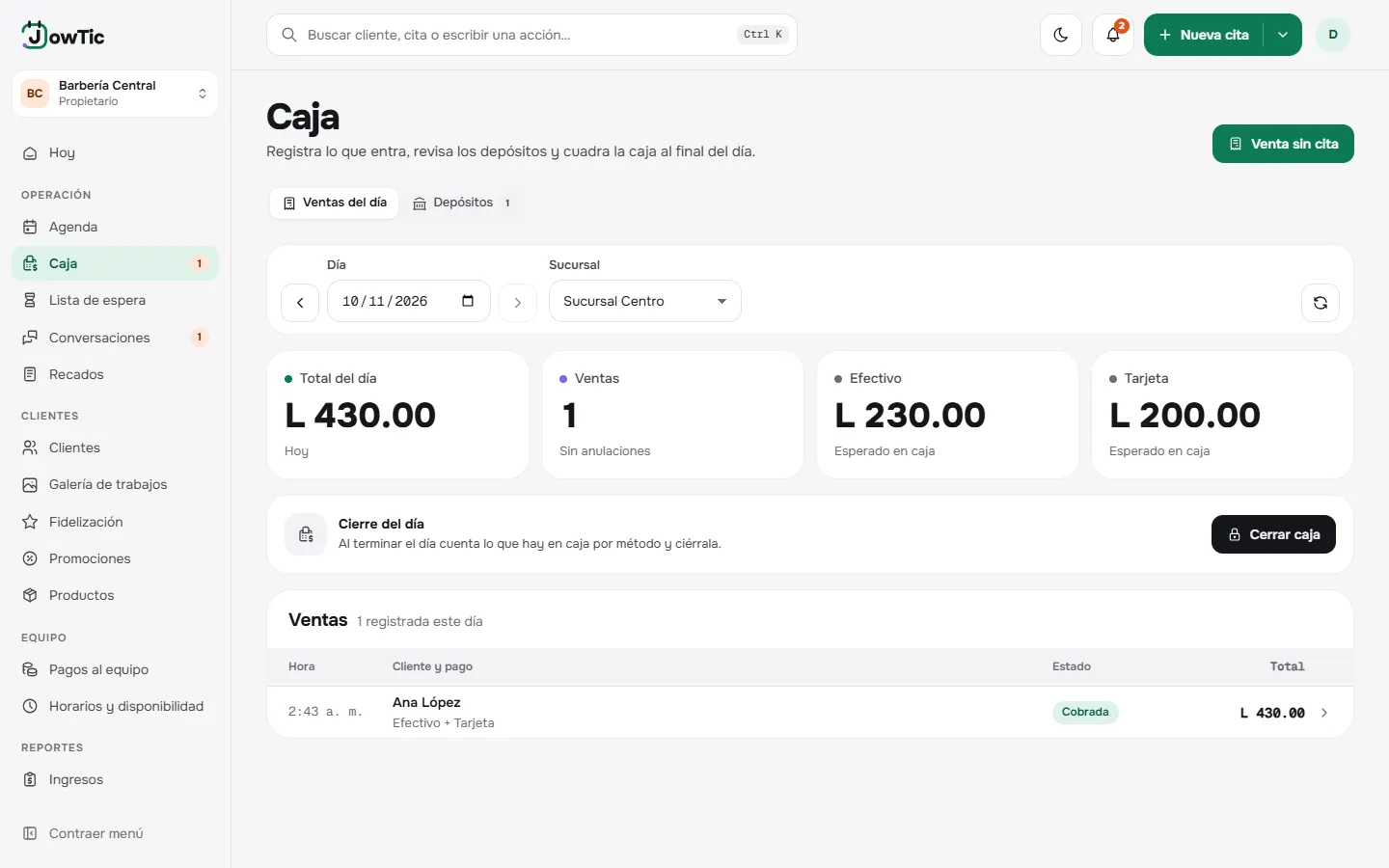 Caja del día de un negocio de prueba con ventas y métodos de pago