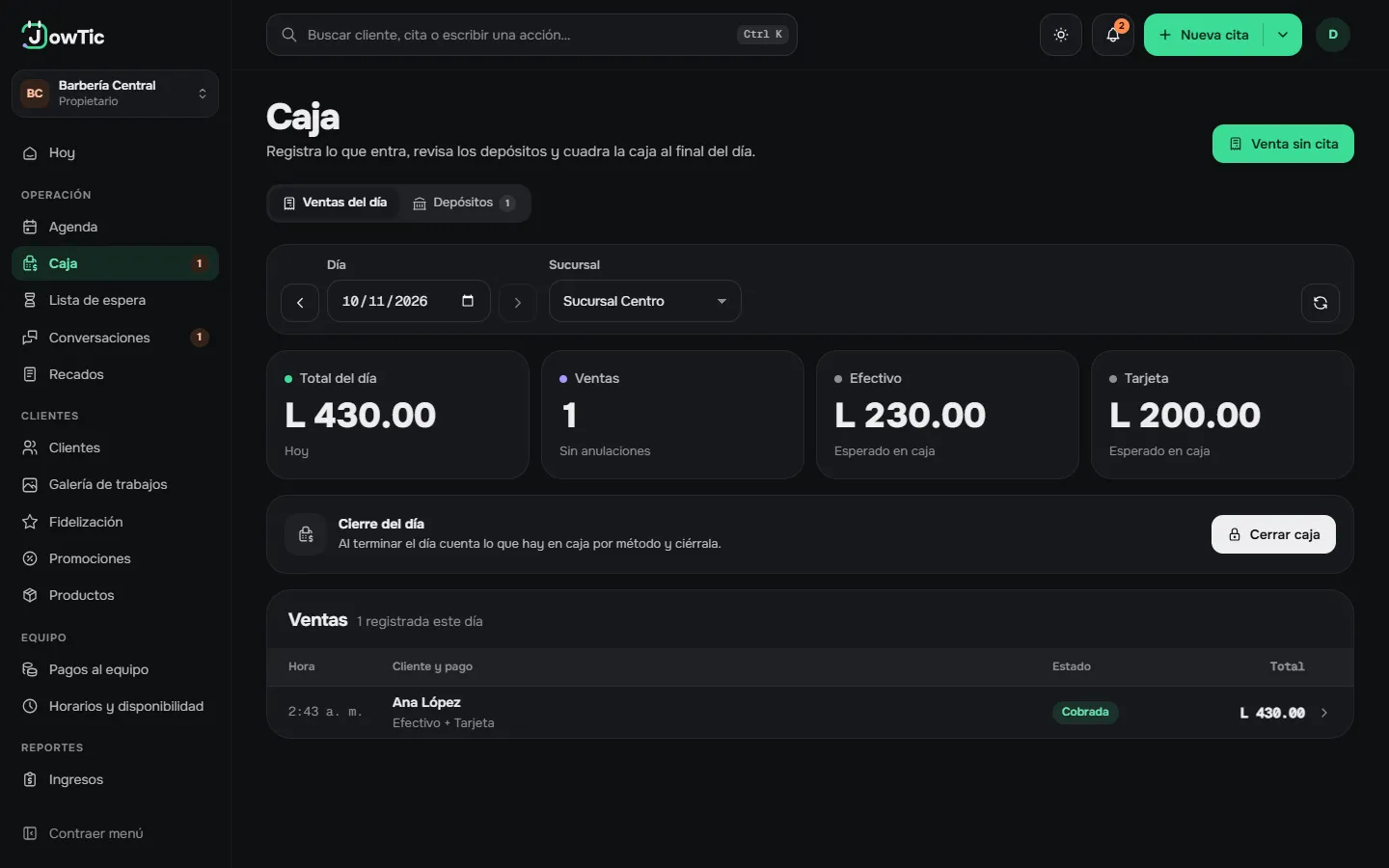 Caja del día de un negocio de prueba con ventas y métodos de pago
