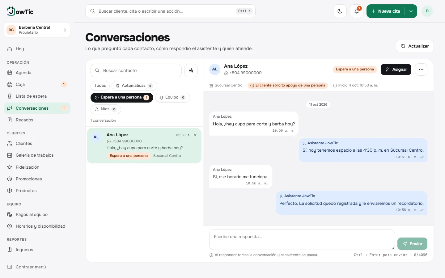 Conversación de WhatsApp de prueba vista desde el panel de JowTic