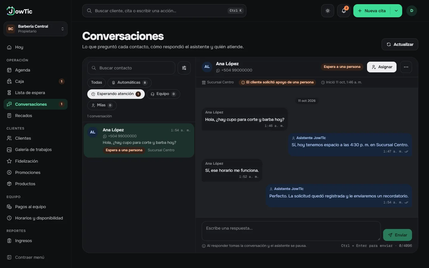Conversación de WhatsApp de prueba vista desde el panel de JowTic