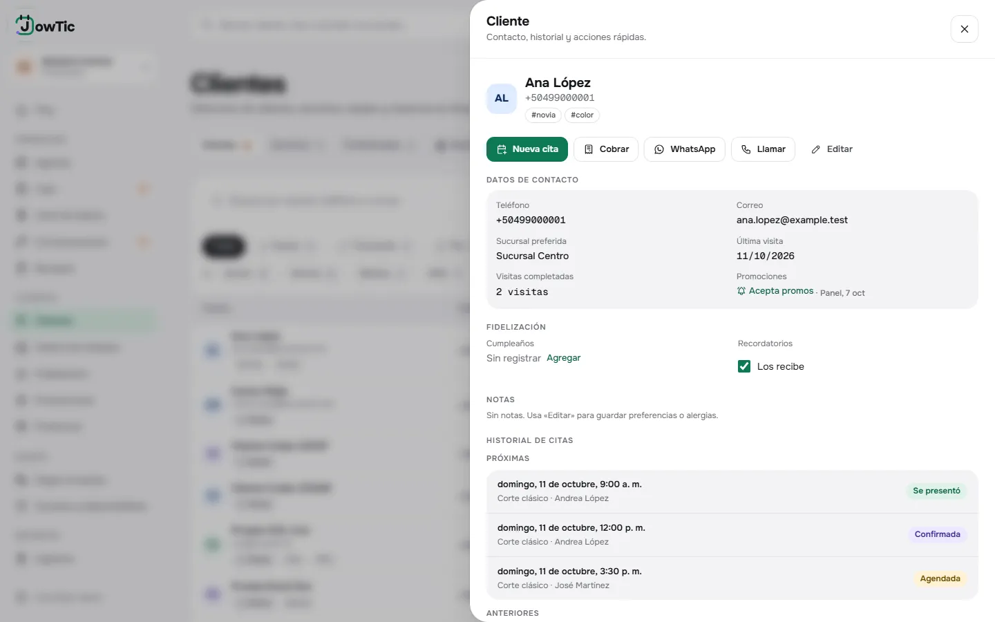 Ficha de un cliente de prueba con sus datos y su historial de citas