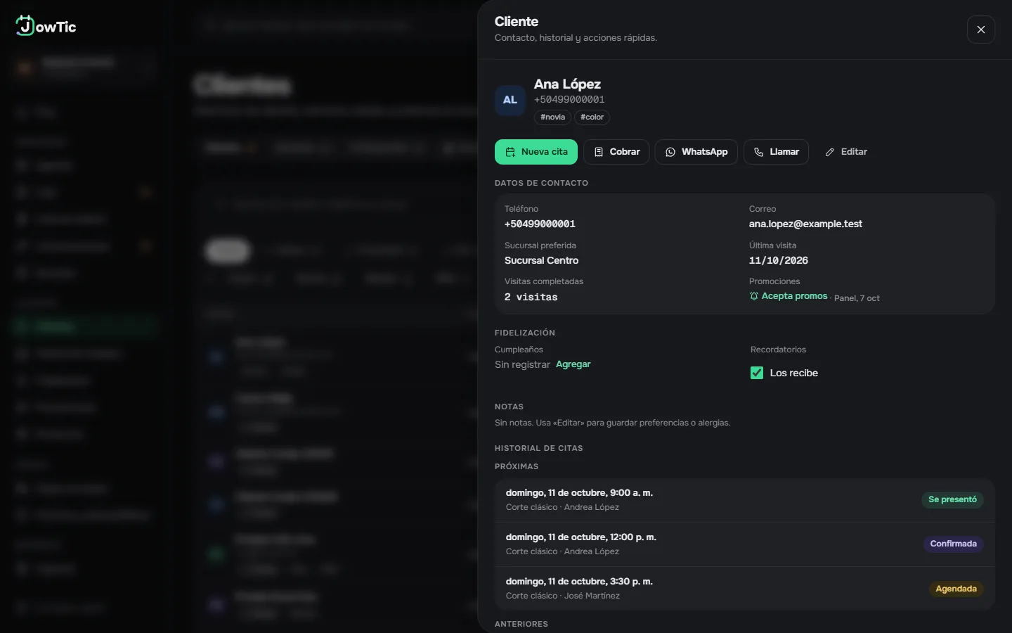 Ficha de un cliente de prueba con sus datos y su historial de citas