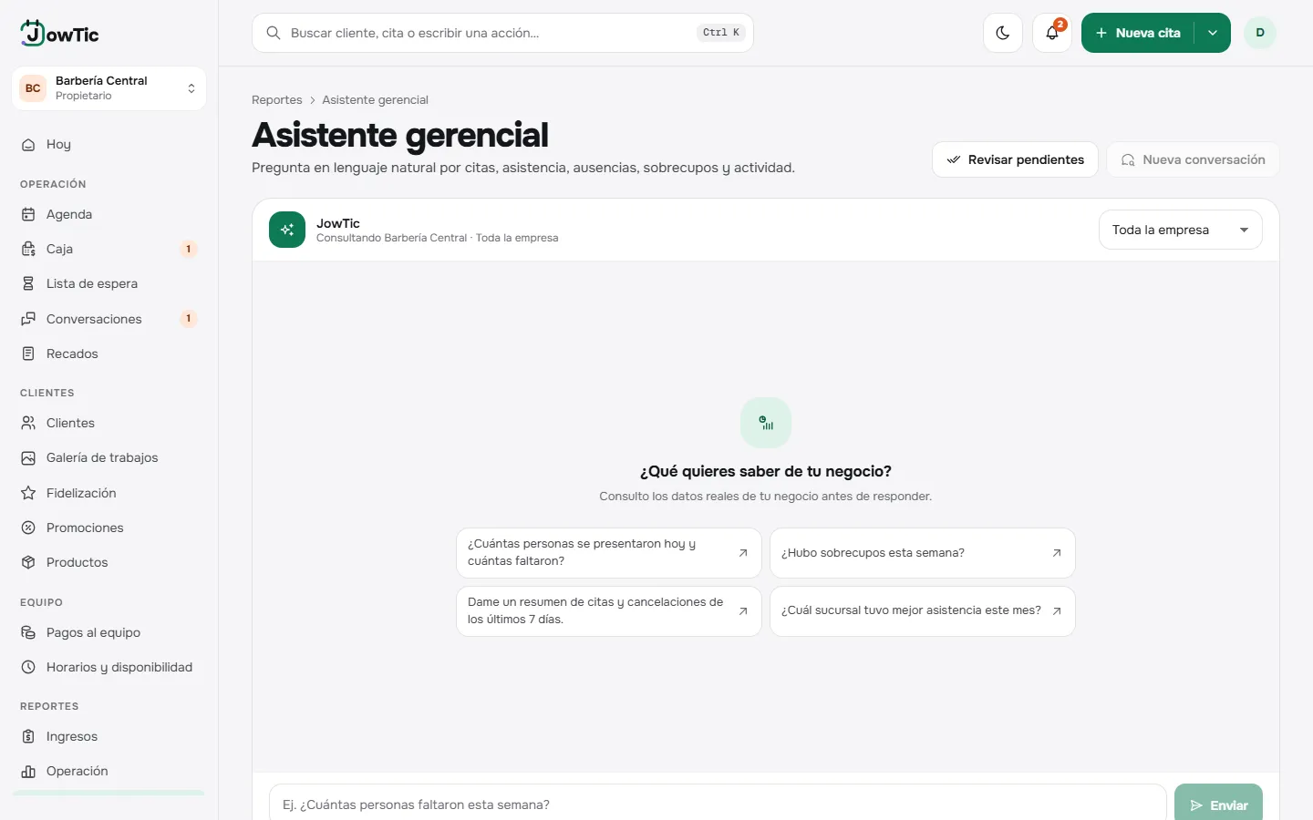 Asistente gerencial del panel con preguntas sugeridas sobre el negocio