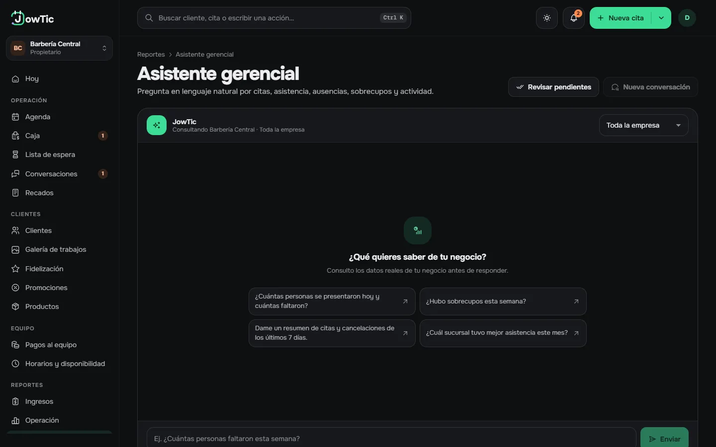 Asistente gerencial del panel con preguntas sugeridas sobre el negocio
